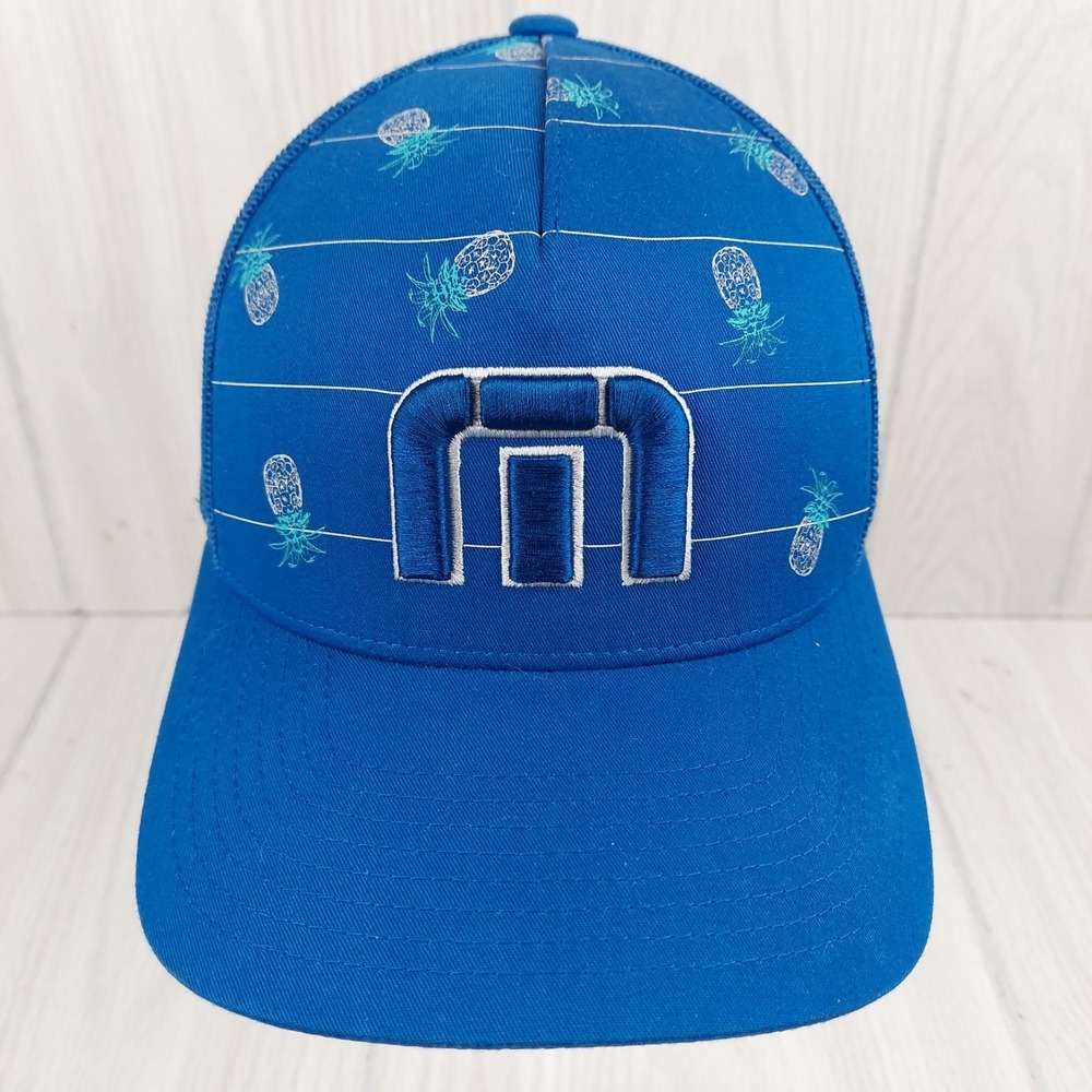 Travis Mathew Golf Trucker Hat Mens OSFA Blue Pineapple Print Snapback Mesh Cap‎